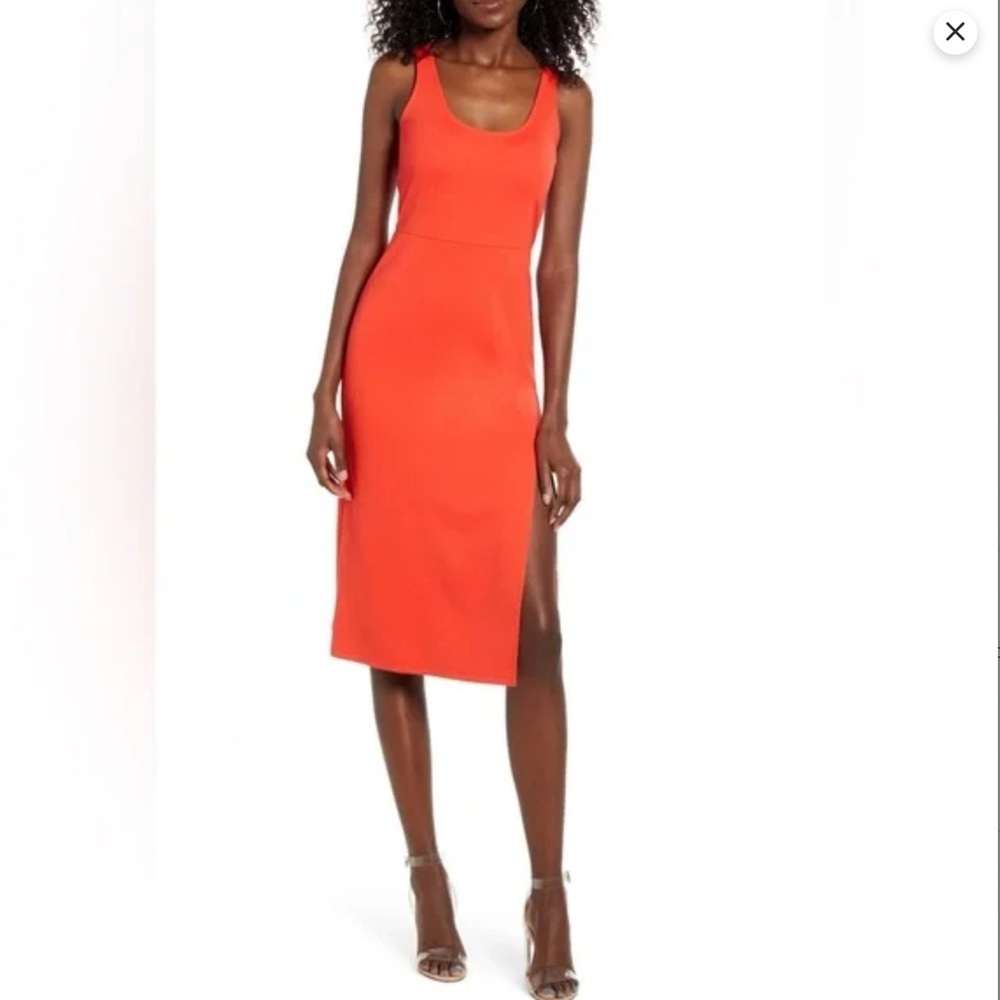 Sleeveless Red-Orange Midi Sheath Dress with Side Slit